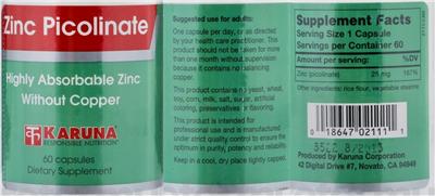 Photo of the Karuna Zinc Picolinate label