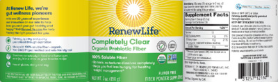 Photo of the Renew Life Completely Clear Organic Prebiotic Fiber label
