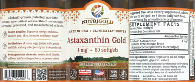 Photo of the NutriGold Astaxanthin Gold 4 mg label