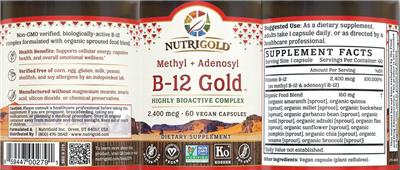 Photo of the NutriGold B-12 Gold 2,400 mcg label