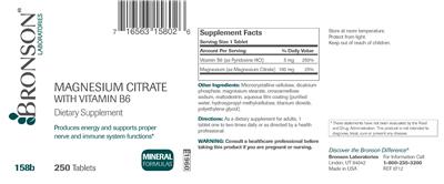 Photo of the Bronson Laboratories Magnesium Citrate With Vitamin B6 label