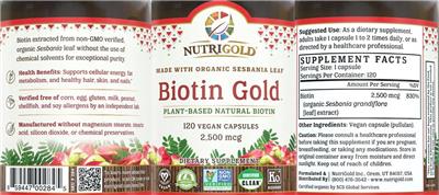 Photo of the NutriGold Biotin Gold 2,500 mcg label