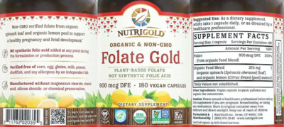 Photo of the NutriGold Folate Gold 800 mcg DFE label