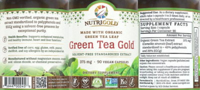 Photo of the NutriGold Green Tea Gold 375 mg label