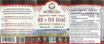 Photo of the NutriGold K2 + D3 Gold label