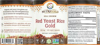 Photo of the NutriGold Red Yeast Rice Gold 500 mg label