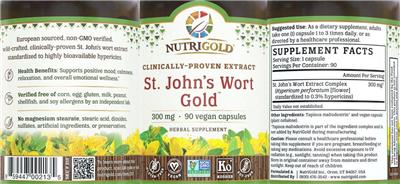 Photo of the NutriGold St. John's Wort Gold 300 mg label