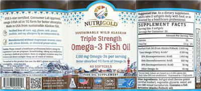 Photo of the NutriGold Triple Strength Omega-3 Fish Oil label