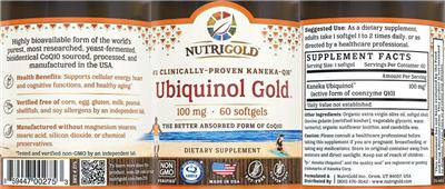 Photo of the NutriGold Ubiquinol Gold 100 mg label