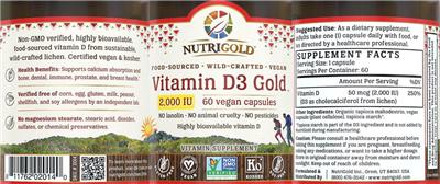 Photo of the NutriGold Vitamin D3 Gold 2,000 IU label