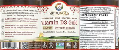 Photo of the NutriGold Vitamin D3 Gold 1,000 IU label