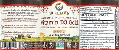 Photo of the NutriGold Vitamin D3 Gold 5,000 IU label