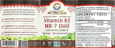 Photo of the NutriGold Vitamin K2 MK-7 Gold 120 mcg label
