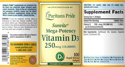 Photo of the Puritan's Pride Sunvite Mega-Potency Vitamin D3 250 mcg (10,000 IU) label