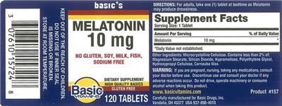 Photo of the Basic Vitamins Melatonin 10 mg label