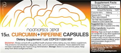 Photo of the Nootropics Depot Curcumin + Piperine Capsules label