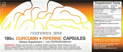 Photo of the Nootropics Depot Curcumin + Peperine Capsules label