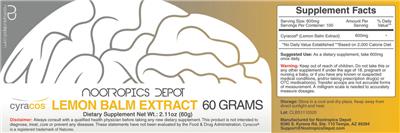 Photo of the Nootropics Depot Cyracos Lemon Balm Extract 60 Grams label