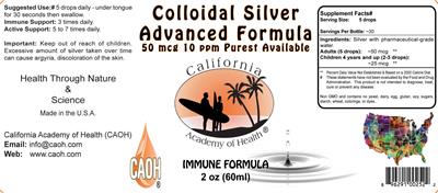 Photo of the California Academy of Health Colloidal Silver Advanced Formula label