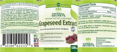 Photo of the AN Amazing Nutrition Herbal Secrets Grapeseed Extract 100 mg label