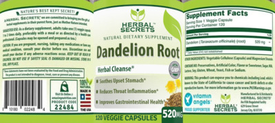 Photo of the Herbal Secrets Dandelion Root 520 mg label