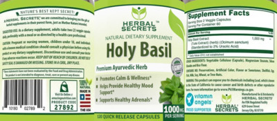 Photo of the Herbal Secrets Holy Basil 1000 mg label