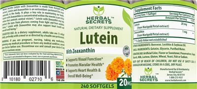 Photo of the Herbal Secrets Lutein 20 mg with Zeaxanthin label