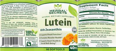 Photo of the Herbal Secrets Lutein 40 mg with Zeaxanthin label
