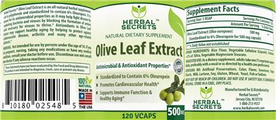 Photo of the Herbal Secrets Olive Leaf Extract 500 mg label
