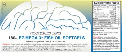 Photo of the Nootropics Depot EZ Mega 3 Fish Oil Softgels label