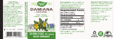 Photo of the Nature's Way Damiana Leaves 800 mg label