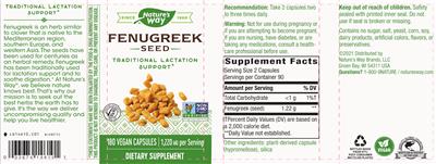 Photo of the Nature's Way Fenugreek Seed 1,220 mg label
