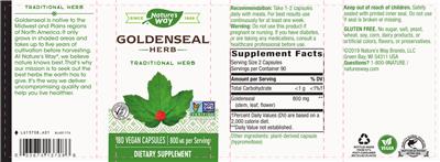Photo of the Nature's Way Goldenseal Herb 800 mg label