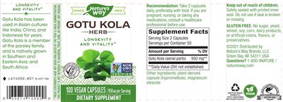 Photo of the Nature's Way Gotu Kola Herb 950 mg label