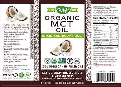 Photo of the Nature's Way Organic MCT Oil label