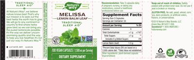 Photo of the Nature's Way Melissa Lemon Balm Leaf 1,500 mg label