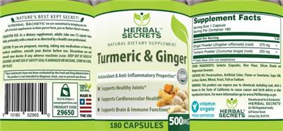 Photo of the Herbal Secrets Turmeric & Ginger 500 mg label