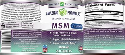 Photo of the AN Amazing Nutrition Amazing Formulas MSM 1000 mg label