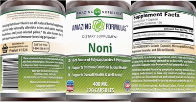 Photo of the AN Amazing Nutrition Amazing Formulas Noni 400 mg label