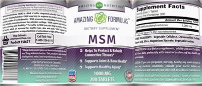 Photo of the AN Amazing Nutrition Amazing Formulas MSM 1000 mg label