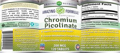 Photo of the AN Amazing Nutrition Amazing Formulas Chromium Picolinate 200 mcg label