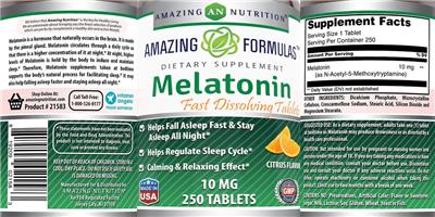 Photo of the AN Amazing Nutrition Amazing Formulas Melatonin 10 mg Citrus Flavor label