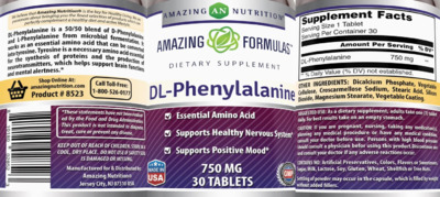 Photo of the AN Amazing Nutrition Amazing Formulas DL-Phenylalanine 750 mg label