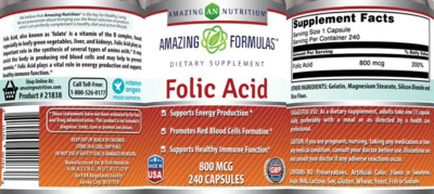 Photo of the AN Amazing Nutrition Amazing Formulas Folic Acid 800 mcg label