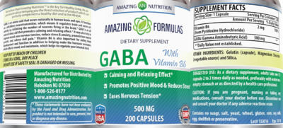 Photo of the AN Amazing Nutrition Amazing Formulas GABA 500 mg with Vitamin B6 label