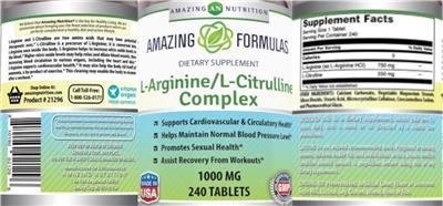 Photo of the AN Amazing Nutrition Amazing Formulas L-Arginine/L-Citrulline Complex 1000 mg label