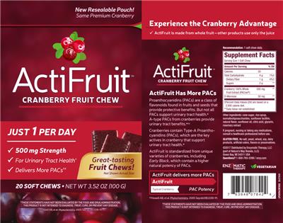 Photo of the Enzymatic Therapy ActiFruit Cranberry Fruit Chew label