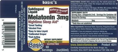 Photo of the Basic Vitamins Melatonin 3 mg Natural Orange Flavor label