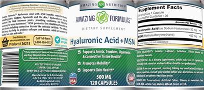 Photo of the AN Amazing Nutrition Amazing Formulas Hyaluronic Acid + MSM 500 mg label