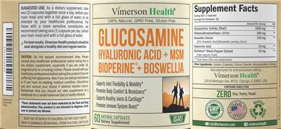 Photo of the Vimerson Health Glucosamine Hyaluronic Acid + MSM + Bioperine + Boswellia label